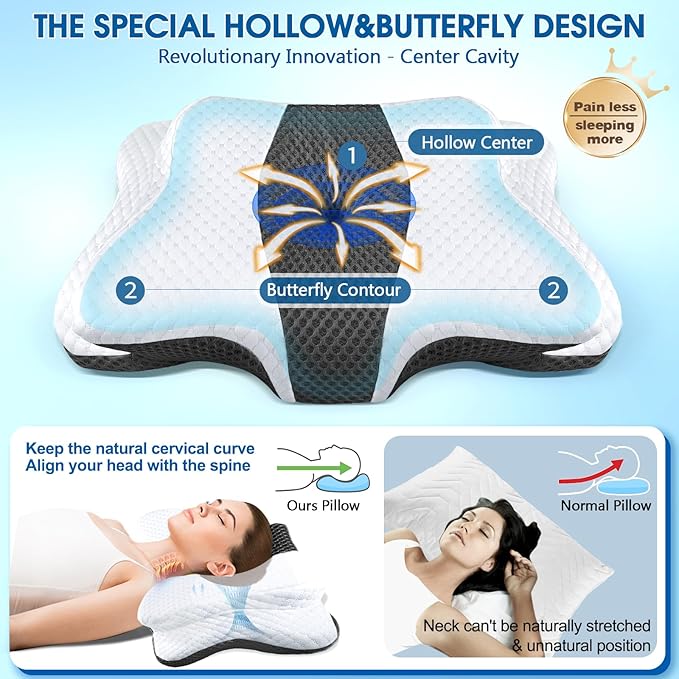 Cervical Neck Pillow for Pain Relief Sleeping, Contour Memory Foam Pillows, Ergonomic Side Sleeper Pillows for Adults, Orthopedic Neck Support Pillow for Back Stomach Sleepers-King Size