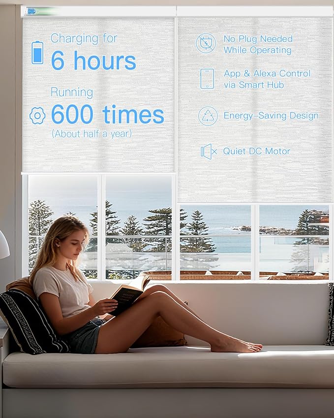 Motorized Light Filtering Roller Shades with Remote Control, Smart Blinds for Windows Compatible with Alexa Google via Hub, Rechargeable Electric Window Shade Customized Size(Texture White)