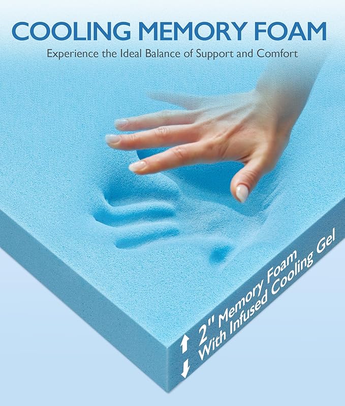 SINWEEK 2 Inch Twin Cooling Memory Foam Mattress Topper for Pressure Relief, Thick Bed Mattress Pad with Cooling Soft Cover and Adjustable Straps, CertiPUR-US Certified