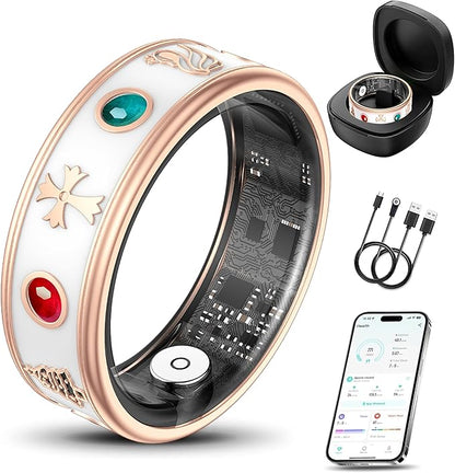 Smart Ring for Women,Fitness & Activity Tracker with Blood Oxygen/Heart Rate Monitor, Sleep Tracker, Step Counter, IP68 Waterproof Ring for iOS&Android,Fast Charge,No Subscription (Rose Gold,Size10）