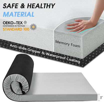 CYMULA Memory Foam Camping Mattress Pad,3inch Sleeping Pad for Camping,Non-Slip Bottom Floor Cot Car Mattress Bed with Retaining Portable Roll up Mattress Pad Mat for Travel Truck Guest Bed Tent
