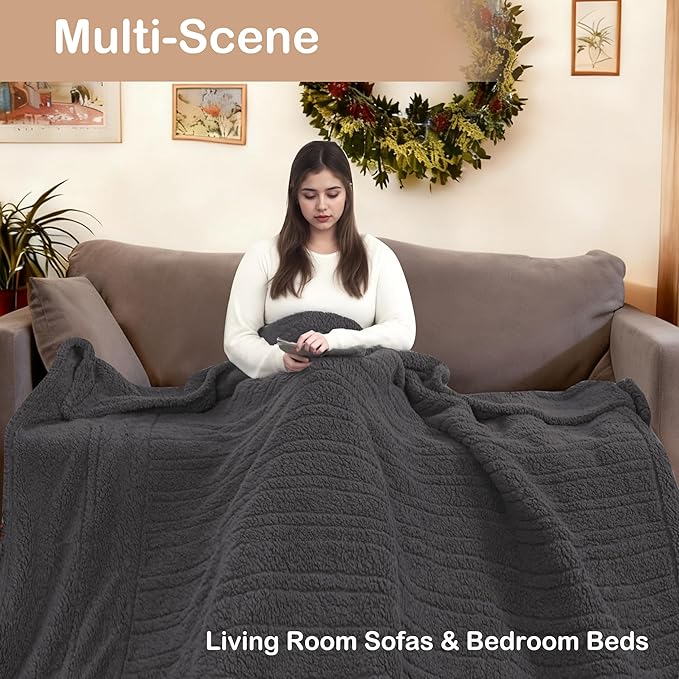Electric Heated Blanket Full Size 72"×84" with 9 Heating Levels & 1-10Hs Auto Off，Double Sided Plush Sherpa, Energy Efficient, Machine Washable, for Couch & Bed, Dark Gray