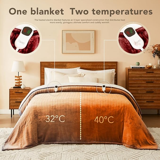 Homemate Electric Heated Blanket Queen - 84"x90" Heating Bed Blankets Throw with 10 Heating Levels 8 Hours Auto Off Fast Heating Over-Heated Protection Ultra Soft Warm Flannel ETL Certified Red