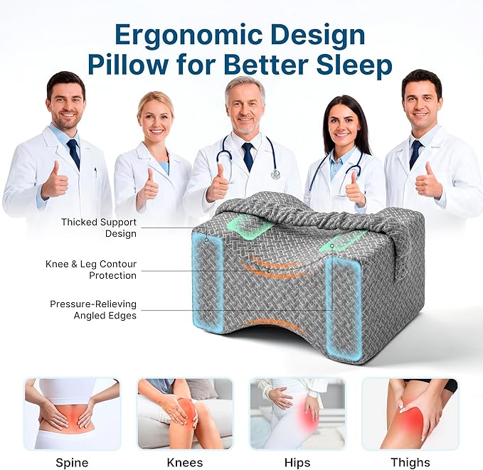 Knee Pillow for Side Sleepers-Memory Foam Leg Pillow for Between Legs-Sciatica,Hip&Back Pain Relief,Spinal Alignment Leg Cushion,Grey