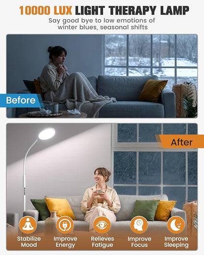 10000 Lux Light Therapy Lamp, Sunlight Therapy Lamps with 3 Color Temperatures &Dimmable &Timer, Full Spectrum &UV-Free Happy Lamp Light Therapy with Remote, Daylight Lamps for Home(White, Floor Lamp)