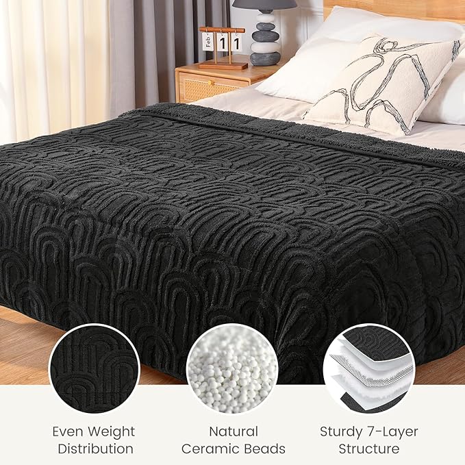 Sherpa Fleece Adult Weighted Blanket Great for Sleep, 20 lbs Dual Sided Soft Fuzzy Heavy Blankets for Couch Bed Sofa, Cozy Warm Fluffy Arched Jacquard Throw for Winter (Black, 60" x 80", 20 Pounds)