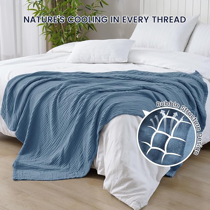 PHF Cooling Muslin Throw Blanket for Hot Sleepers, 60% Viscose from Bamboo, 40% Cotton and 4-Layer Breathable Gauze Blanket for Bed Couch, 50"x60", Prussian Blue