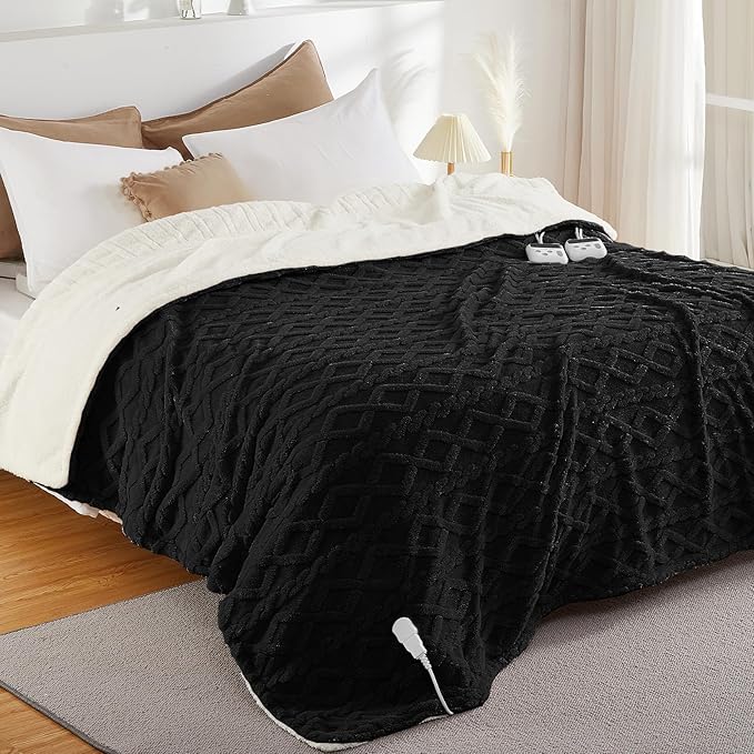 CAROMIO Electric Blanket Full Size - Thick Tufted Sherpa Heated Blanket Full Size with 10 Heating Levels and 10 Time Settings, ETL Certified Machine Washable Fast Heating Blanket Full 72"×84", Black