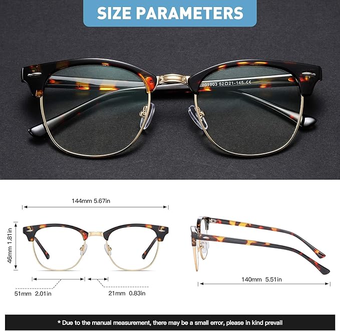 Blue Light Blocking Glasses Vintage Half Frame UV Clear Lens Anti Eyestrain Computer Gaming Glasses for Women Men(P62)