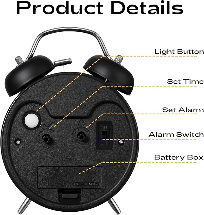 AKCISOT Loud Alarm Clock for Heavy Deep Sleepers, 4.5 Inches Analog Metal Twin Bell Clocks Battery Operated with Backlight for Bedroom Bseide, Old Fashioned for Desk Home Decoration (Black White)