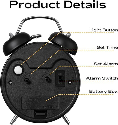 AKCISOT Loud Alarm Clock for Heavy Deep Sleepers, 4.5 Inches Analog Metal Twin Bell Clocks Battery Operated with Backlight for Bedroom Bseide, Old Fashioned for Desk Home Decoration (Black White)