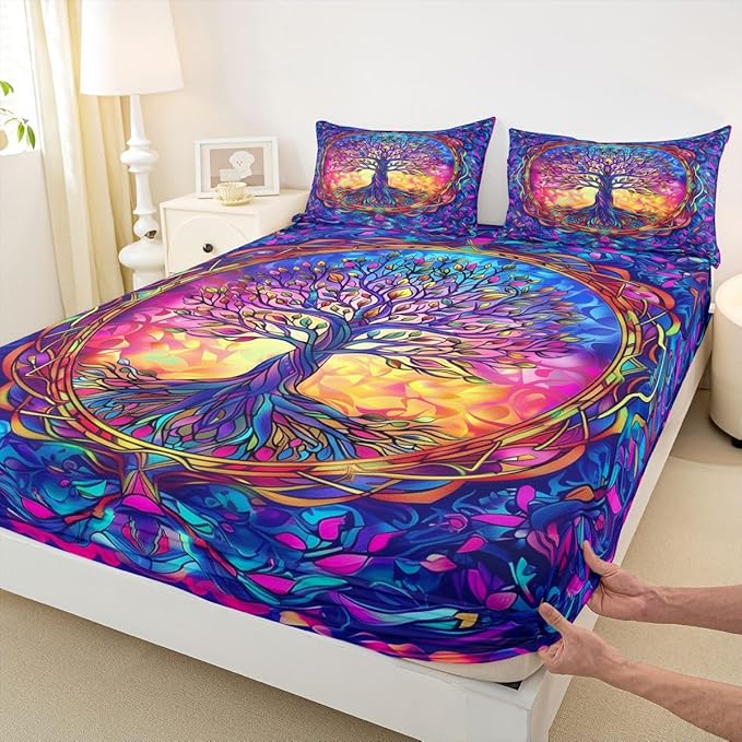 Tree of Life Kids Queen Size Fitted Sheet,Stained Glass Leaves Abstract Room Decor,Aesthetic Nature Plant Boys Girls Bed Sheets,Colorful Bedding Set,2 Pillowcases(No Flat)