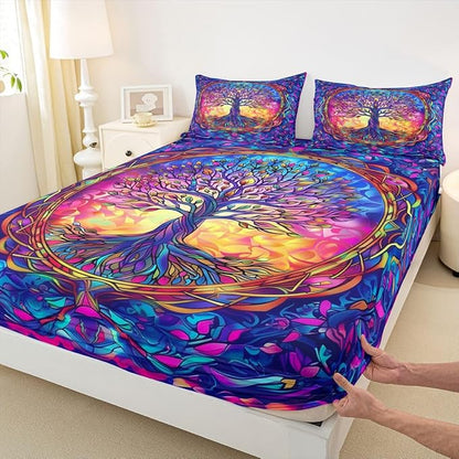Tree of Life Kids Full Size Fitted Sheet,Aesthetic Stained Glass Leaves Boys Girls Bed Sheets,Nature Plant Abstract Room Decor,Colorful Bedding Set,2 Pillowcases(No Flat)