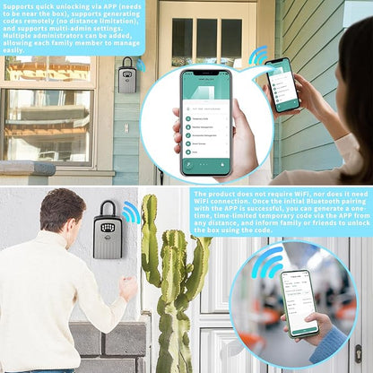 Smart Bluetooth Key Lock Box,Remote Access via App/Code,Resettable 6-Digit Combination,Large Capacity for 5 Keys,Wall-Mounted,No WiFi Needed,Grey(with Shackle)