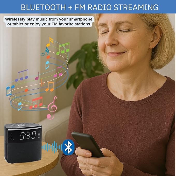 Digital Alarm Clocks for Bedrooms, Dual Alarms, Bluetooth and FM Radio, White Dimmable LED Display, USB-A Charging Port. Loud Alarm Clock for Heavy Sleepers Perfect for Bedroom, Desk, and Office