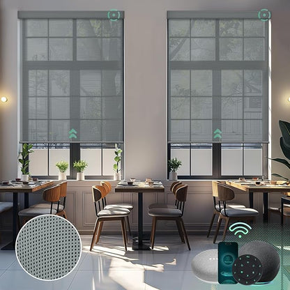 Yoolax Motorized Solar Shades Light Filtering Motorized Blinds with Remote Smart Blinds Work with Alexa Flame Retardant Roller Shades for Windows Home Office Custom Size (14% Openness Cloud Gray)