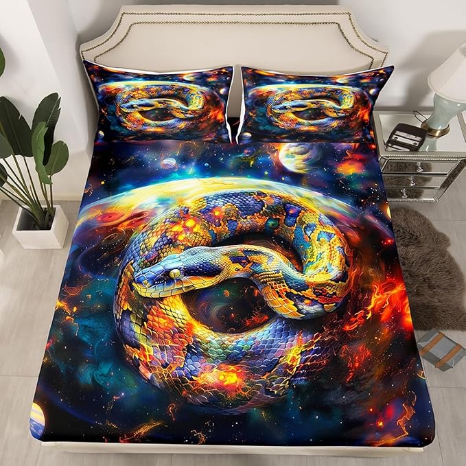 Snake Fitted Sheet Queen Size,Starry Sky Galaxy Nebula Planets Trippy Bedding Set,Boys Girls Room Decor,Reptile Animals Outer Space Mystical Bed Cover,Watercolor Bed Sheet,2 Pillowcases