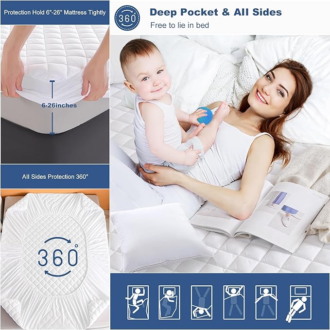 GRT Cali King Waterproof Mattress Pad, 100% Waterproof Quilted Fitted Mattress Protector, Noiseless Hollow Cotton Mattress Cover, Fitted 8"-26" Deep, Dust Proof