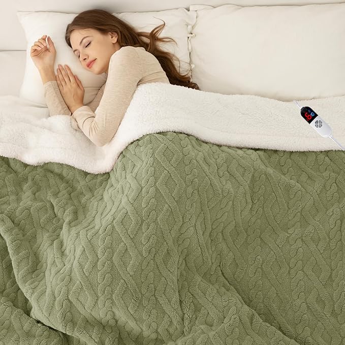 Heated Blanket Full Size 72"X84" Green - Soft Thick Warm Sherpa Electric Blanket for Winter with 6 Fast Heating Levels & 10hrs LED Timer Auto Off for Women, Washable & ETL Certified for Bed