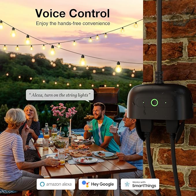GHome Smart Outdoor Smart Plug, Smart Home Wi-Fi Outlet with 2 Sockets, IP64 Weather Resistance, Compatible with Alexa, Google Home & SmartThings, No Hub Required