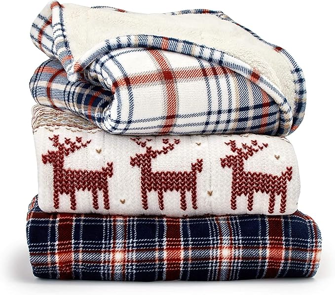Eddie Bauer | Smart Heated Electric Throw Blanket - Reversible Sherpa - Plaid Blue