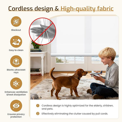Grandekor No Drill Motorized Roller Blinds with Remote Control - White-Light Filtering 64.5 * 36 Motorized Blinds | Smart Electric Shades Compatible with App & Voice Control for Living Room