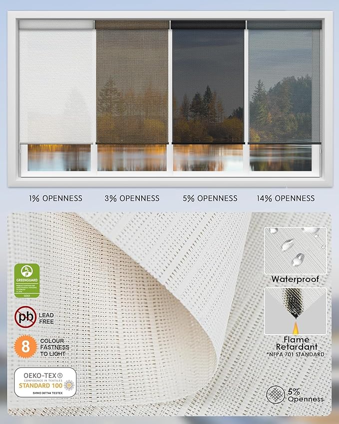 Yoolax Motorized Solar Shades Light Filtering Motorized Blinds with Remote Smart Blinds Work with Alexa Flame Retardant Roller Shades for Windows Home Office Custom (5% Openness White Pebble Path)