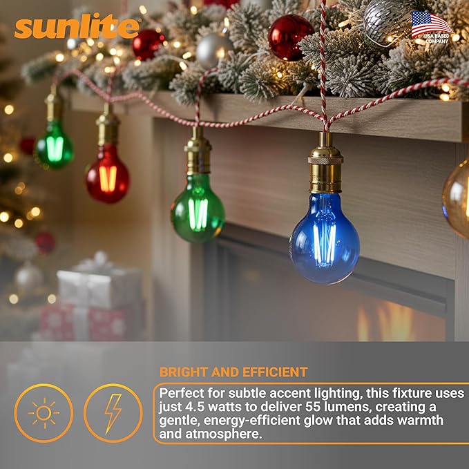 Sunlite 81080 LED Colored Filament A19 Light Bulb, 4.5 Watts, Medium E26 Base, 120 Volts, Transparent Blue, Dimmable, 320 Degree Beam Angle, UL Listed, 2 Count