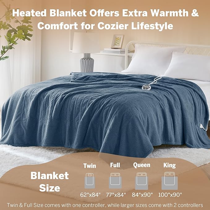 Serta Heated Blanket, Electric Twin Size, Soft, Warm, Fuzzy - Auto Shut Off Timer, 10 Lv Heat Setting, ETL Certified, 62" x 84" Navy
