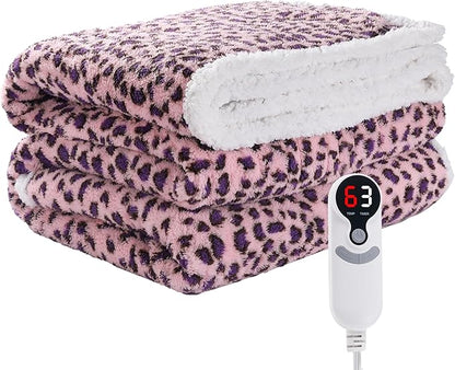 Electric Heated Blanket Full Size 72"×84" with 9 Heating Levels & 1-10Hs Auto Off, Plush Sherpa, Energy Efficient, Machine Washable, for Couch & Bed, Leopard Print Pink & Purple