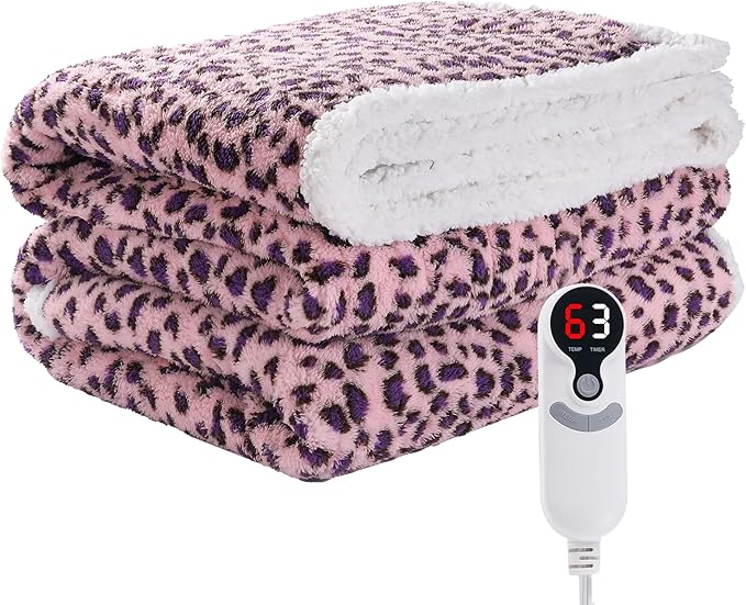 Electric Heated Blanket Throw Size 50"×60" with 9 Heating Levels & 1-10 Hs auto Off, Heating Throw Double Sided Sherpa, Energy Efficient, Machine Washable, Leopard Print Pink & Purple
