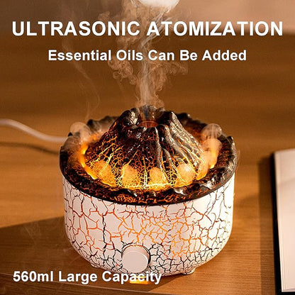 Aromatherapy Essential Oil Diffuser, 560ml Ultrasonic Cool Mist Diffuser/Humidifier with Flame & Volcano 2 Mist Mode, for Bedroom,Office,Home, Auto Shut-Off, Remote Control, Gift (White)