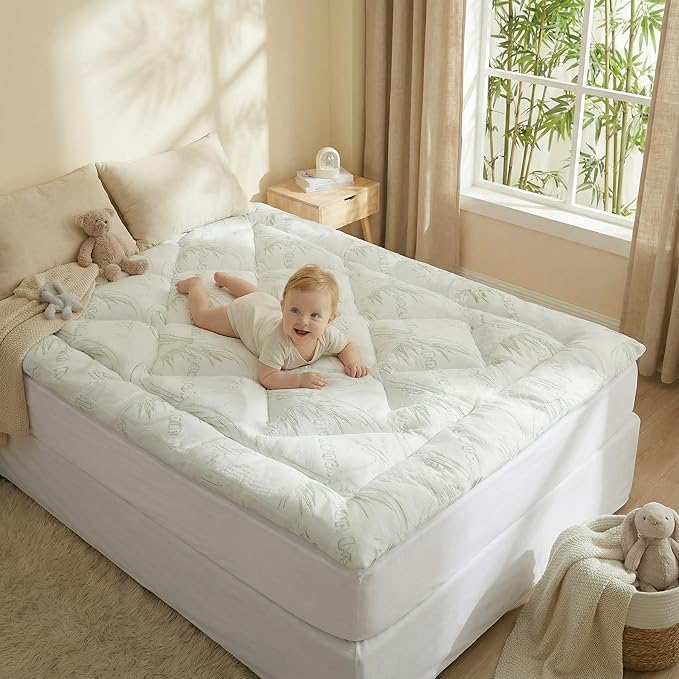 Bamboo Mattress Topper Queen Size with Deep Pocket 1700 GSM Fill Cooling Shredded Memory Foam Mattress Pad Rayon Derived from Bamboo, Ideal for Side Sleepers, Back Pain, Hot Sleepers