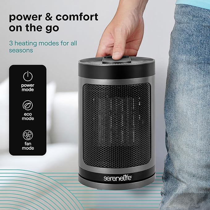 SereneLife Portable Space Heater – 1500W PTC Ceramic Electric Heater with Thermostat, Remote, 12-Hour Timer, 3 Heating Modes, Oscillation, Safe & Quiet for Home, Office, Bedroom (Gray)
