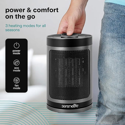 SereneLife Portable Space Heater – 1500W PTC Ceramic Electric Heater with Thermostat, Remote, 12-Hour Timer, 3 Heating Modes, Oscillation, Safe & Quiet for Home, Office, Bedroom (Gray)