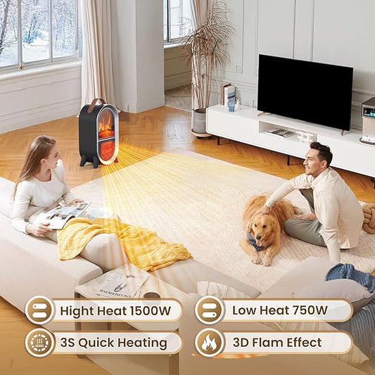 Portable Electric Fireplace Heater, 1500W/750W Mini Space Heater for Indoor Use with 3D Flame, Thermostat, Carry Handle, Overheat & Tipover Protection, for Home Office Bedroom Desk, Black