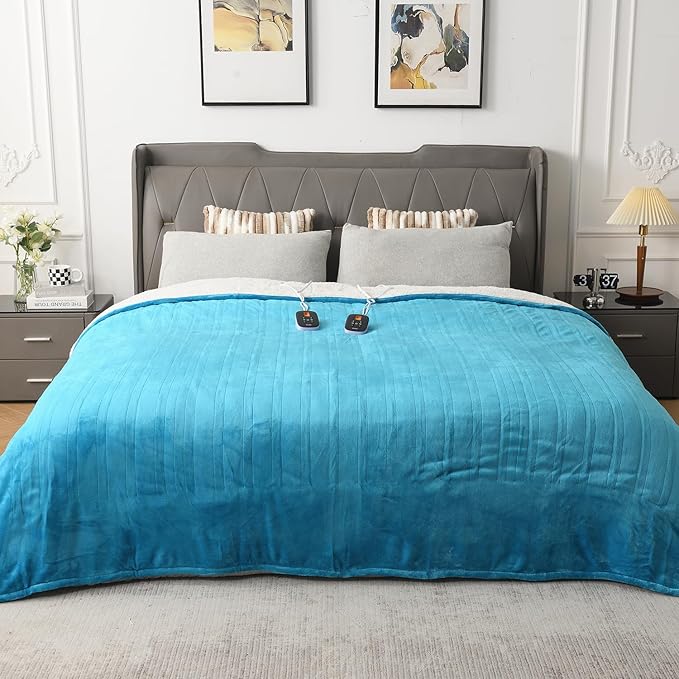 WOOMER Electric Heated Blanket Queen Size 84""x 90"", Soft Flannel Fast Heating Bed Blanket with Multi-Color Option, 10 Heating Levels & 0.5-12H Auto Off, Over-Heat Protection, Teal-flannel&sherpa