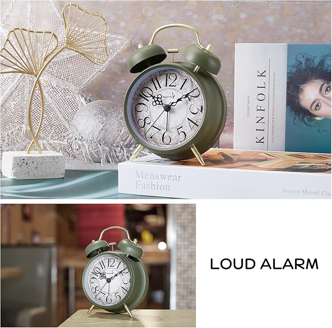 Loud Alarm for Deep Sleepers 4'' Retro & Fashionable Twin Bell Alarm Clock with Backlight for Bedroom and Home Decoration(Avocado Green)