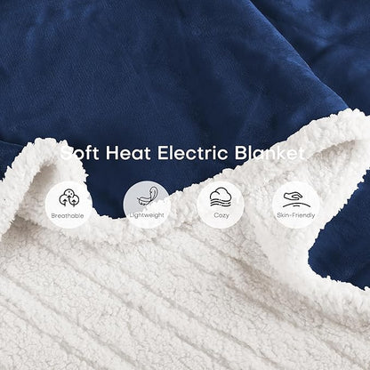 Electric Heated Blanket Full Size 72"x84" - Dual-Sided with Microplush & Sherpa Fabric, 4 Heat Settings & 10 Hours Auto Off, Machine Washable - Dark Blue