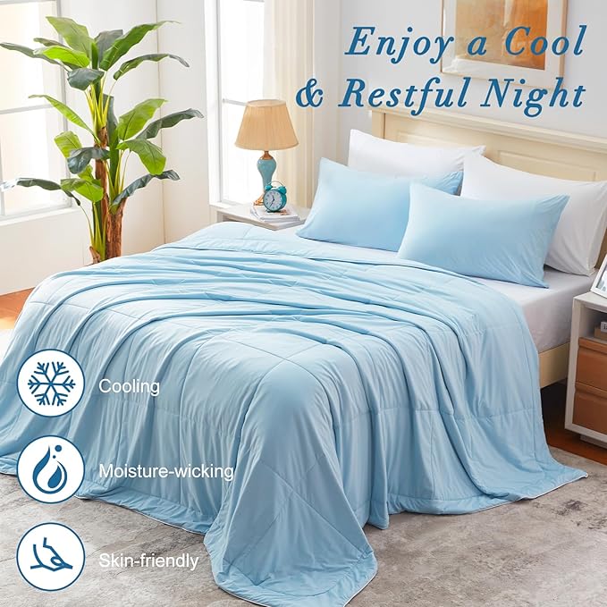 Twin Size Breathable Cooling Comforter, Cooling Blanket to Keep Cool for Night Sweats with Q-Max 0.47 Lightweight & Thin 68" x 90" (Twin/Twin XL, Misty Blue)