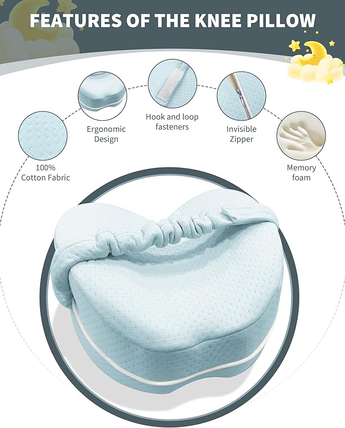 SPRING SEAON Knee Support Pillow for Side Sleepers – Deep Contour Memory Foam Leg Pillow with Adjustable Strap for Sciatica, Hip, Back & Knee Pain Relief – Breathable, Washable Cover, Blue