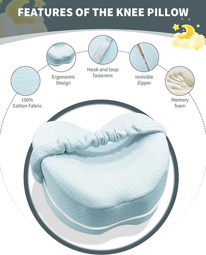 SPRING SEAON Knee Support Pillow for Side Sleepers – Deep Contour Memory Foam Leg Pillow with Adjustable Strap for Sciatica, Hip, Back & Knee Pain Relief – Breathable, Washable Cover, Blue