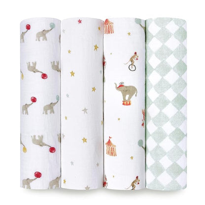 aden + anais Essentials Baby Muslin Swaddle Blankets, Newborn Receiving Blanket for Swaddling, 100% Cotton Baby Swaddle Wrap, 4 Pack, Elephant Circus