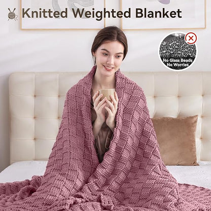 Knitted Weighted Blanket for Adult, No Beads Heavy Blanket 60” x 80'' 20lbs, Breathable Chunky Knit Blanket, Cooling Weighted Blanket for Hot Sleepers, Christmas Home Decor (Pink)