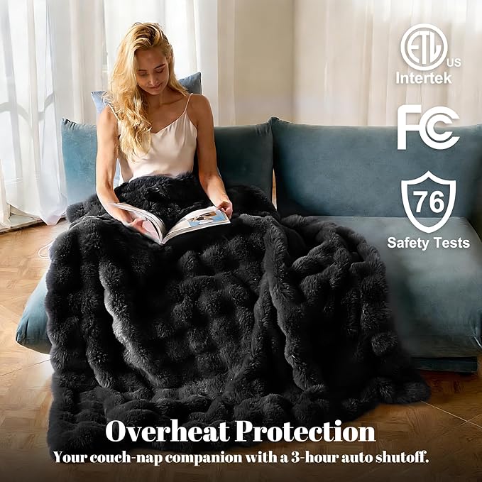 IUUI Electric Heated Blanket Throw 50''x60'',Luxury Faux Rabbit Fur Heating Throw Blankets,Fast Heating with 1/2/4/6/8/10 Hours,Overheat Protection, Quick Heating, Memory Function, Gift-Ready Design
