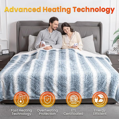 WOOMER Heated Blanket Queen Size 84" x 90", Electric Blanket with Dual Controls, 0.5-12 Hours Timer & 10 Heating Levels, ETL Certified, Blue White Flowers Patterns Faux Fur & Sherpa, Machine Washable
