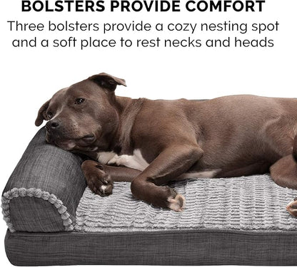 Furhaven Cooling Gel Dog Bed for Large Dogs w/ Removable Bolsters & Washable Cover, For Dogs Up to 125 lbs - Luxe Faux Fur & Performance Linen Sofa - Charcoal, Jumbo Plus/XXL