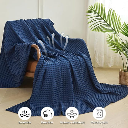 Aganear Waffle Blanket - Lightweight Breathable Summer Blanket of 50% Cotton and 50% Rayon Derived from Bamboo for Hot Sleepers Luxury Throws for Bed, Couch and Sofa,Navy,104x90 Inches
