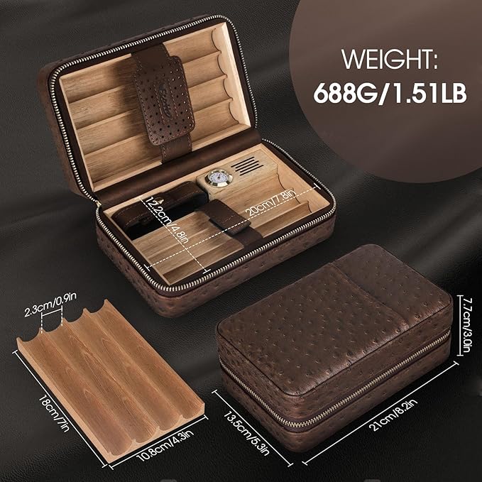 Scotte Cigar Humidor Box, Cedar Wood Lined Leather Case with Built-in Hygrometer & Humidifier, Torch Lighter with Cigar Holder & Punch - Portable Travel Humidor Kit (Dark Brown)