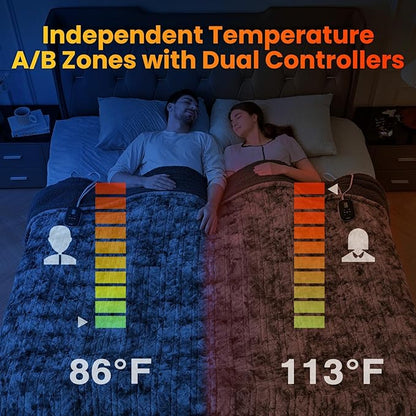 WOOMER Heated Blanket Queen Size, Dual Control, Electric Blanket 84"x 90", Double-Sided Faux Fur&Sherpa, Overheat Protection, 10 Heating Levels & 12H Auto Off, CPF, Home Office